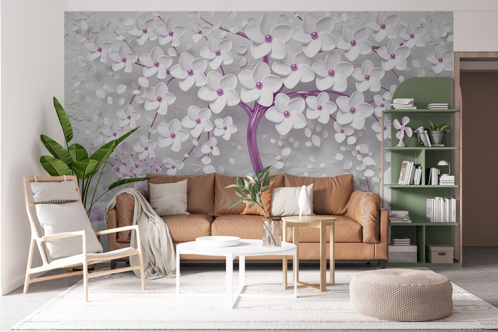 Fototapeta drzewo ze śnieżnobiałymi kwiatami i jeleniami