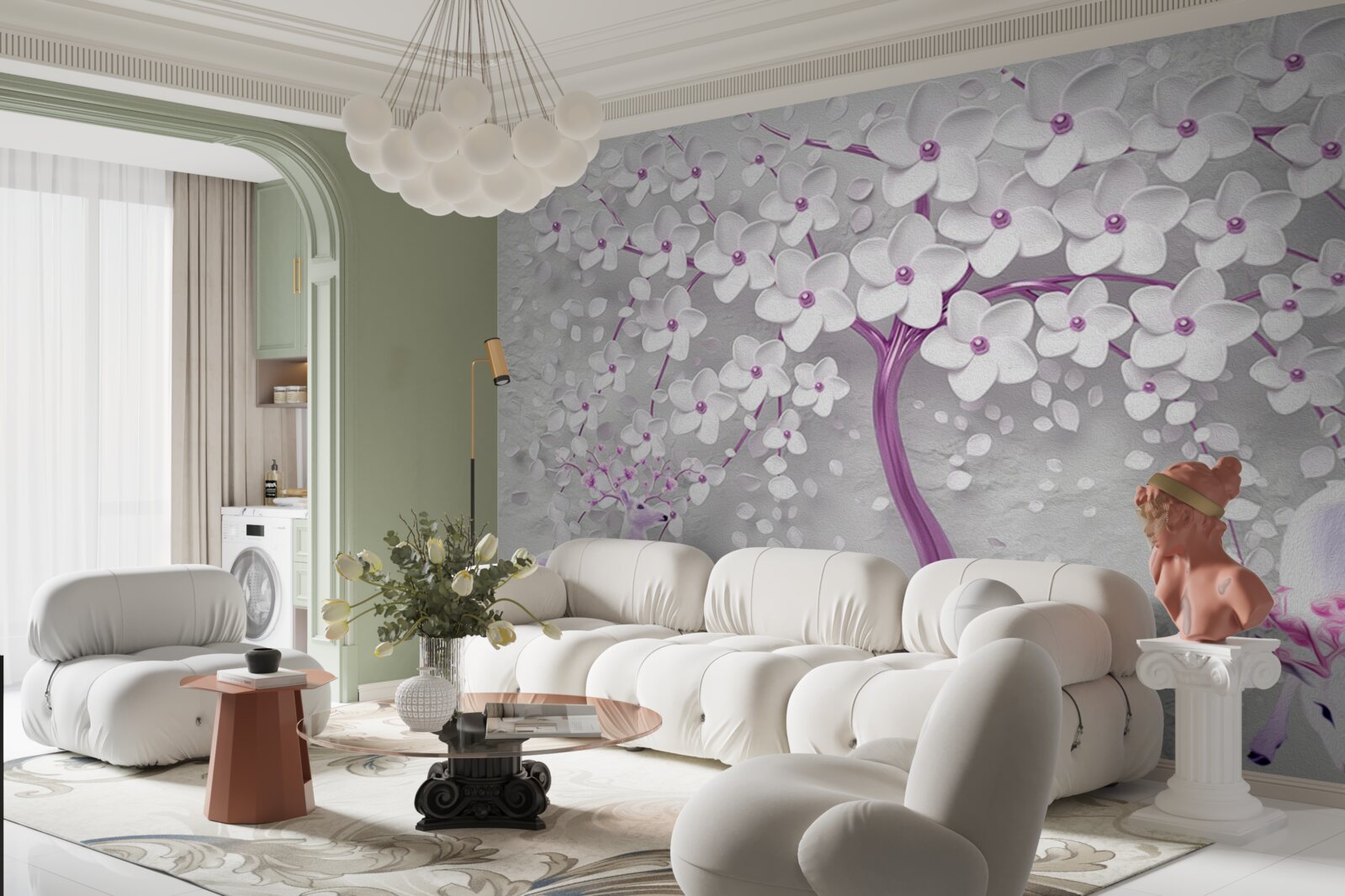 Fototapeta drzewo ze śnieżnobiałymi kwiatami i jeleniami