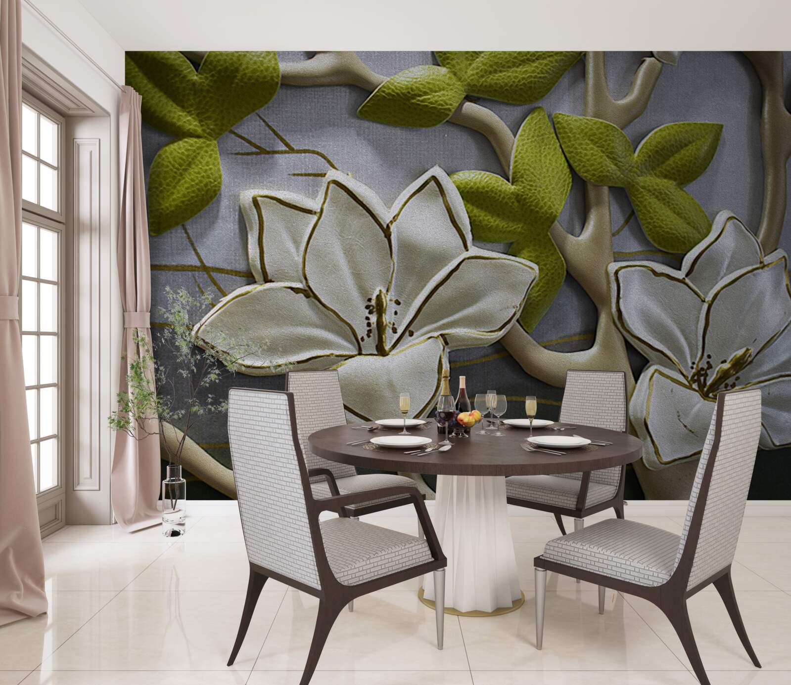 Fototapeta magnolia z porcelanowymi kwiatami na zielonych gałązkach