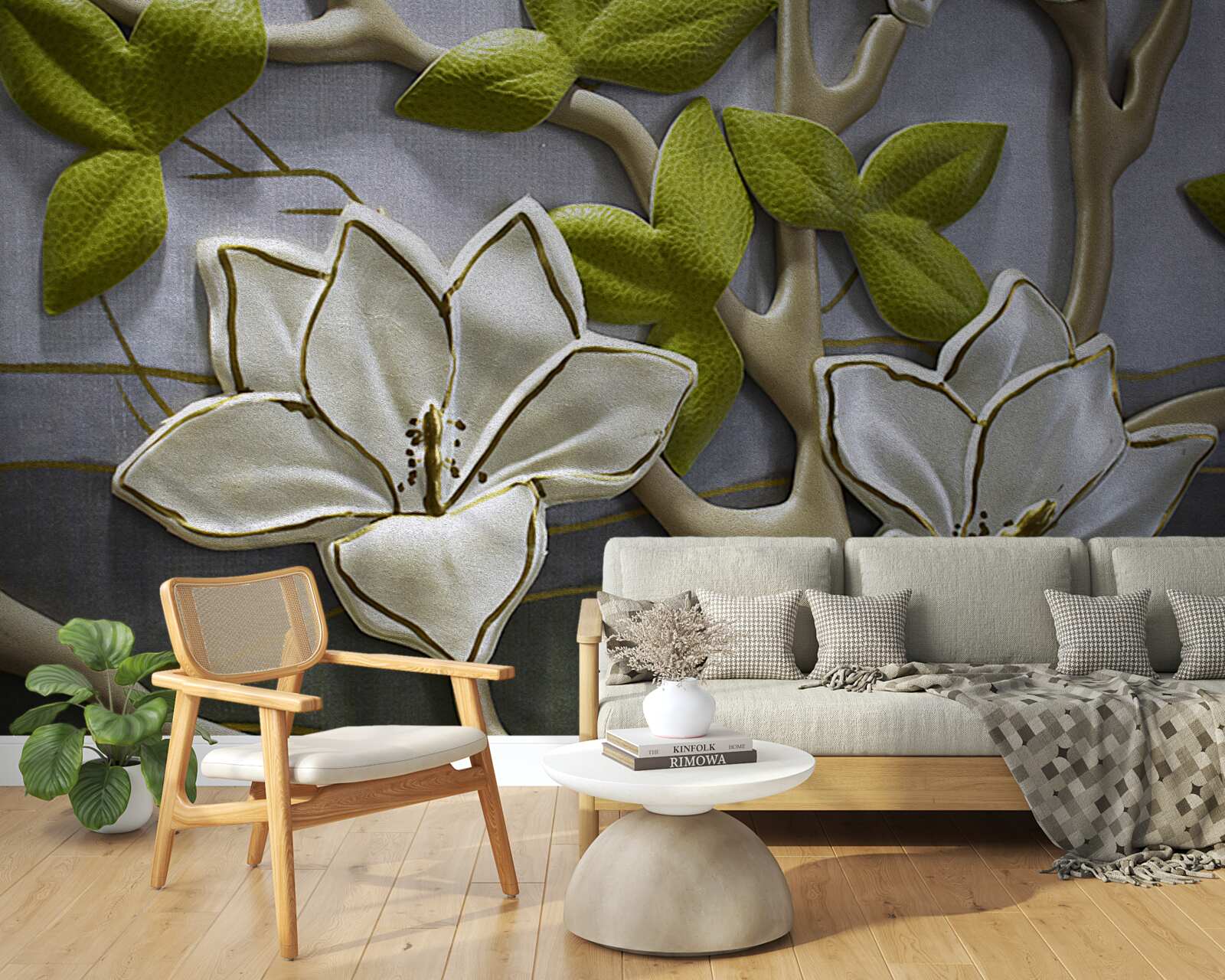 Fototapeta magnolia z porcelanowymi kwiatami na zielonych gałązkach