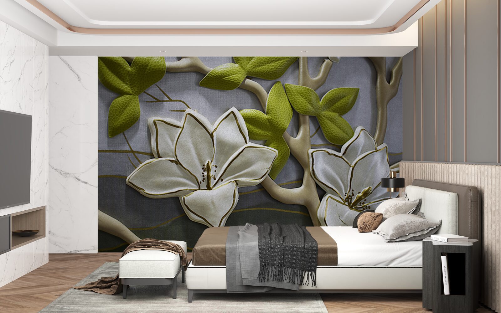 Fototapeta magnolia z porcelanowymi kwiatami na zielonych gałązkach