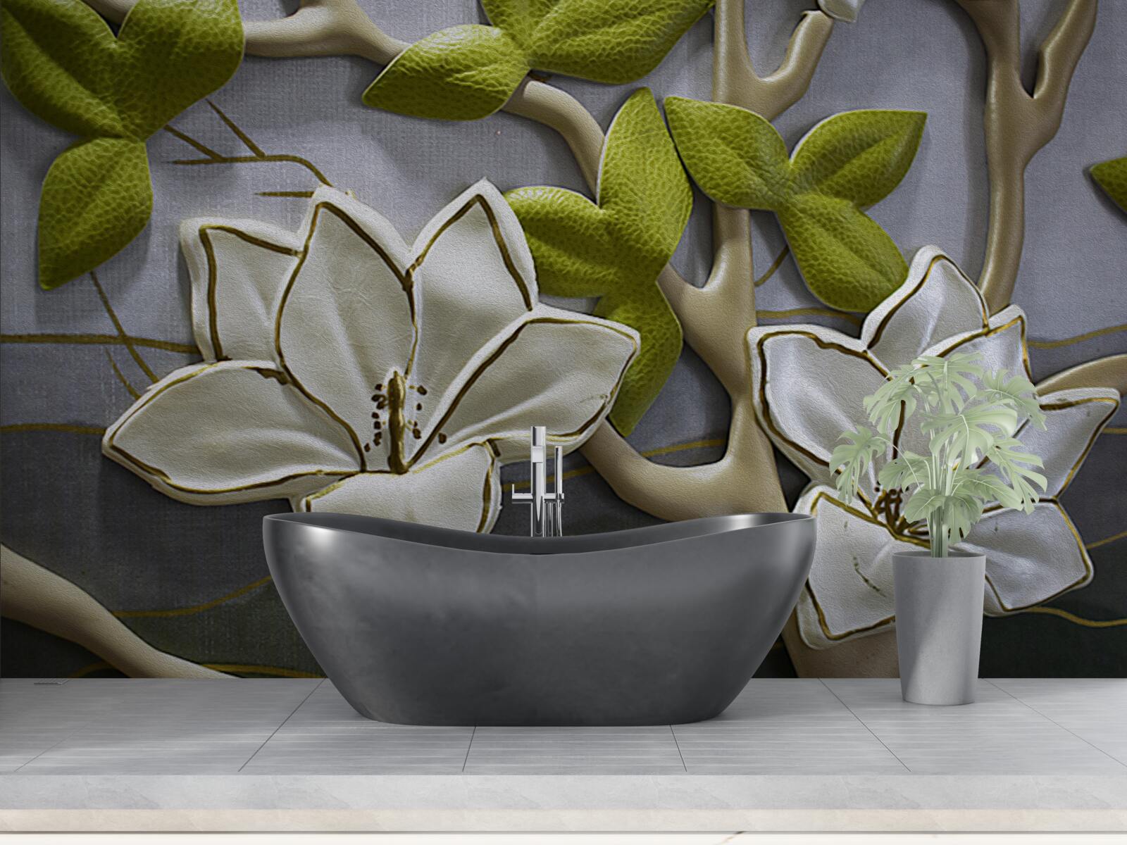 Fototapeta magnolia z porcelanowymi kwiatami na zielonych gałązkach