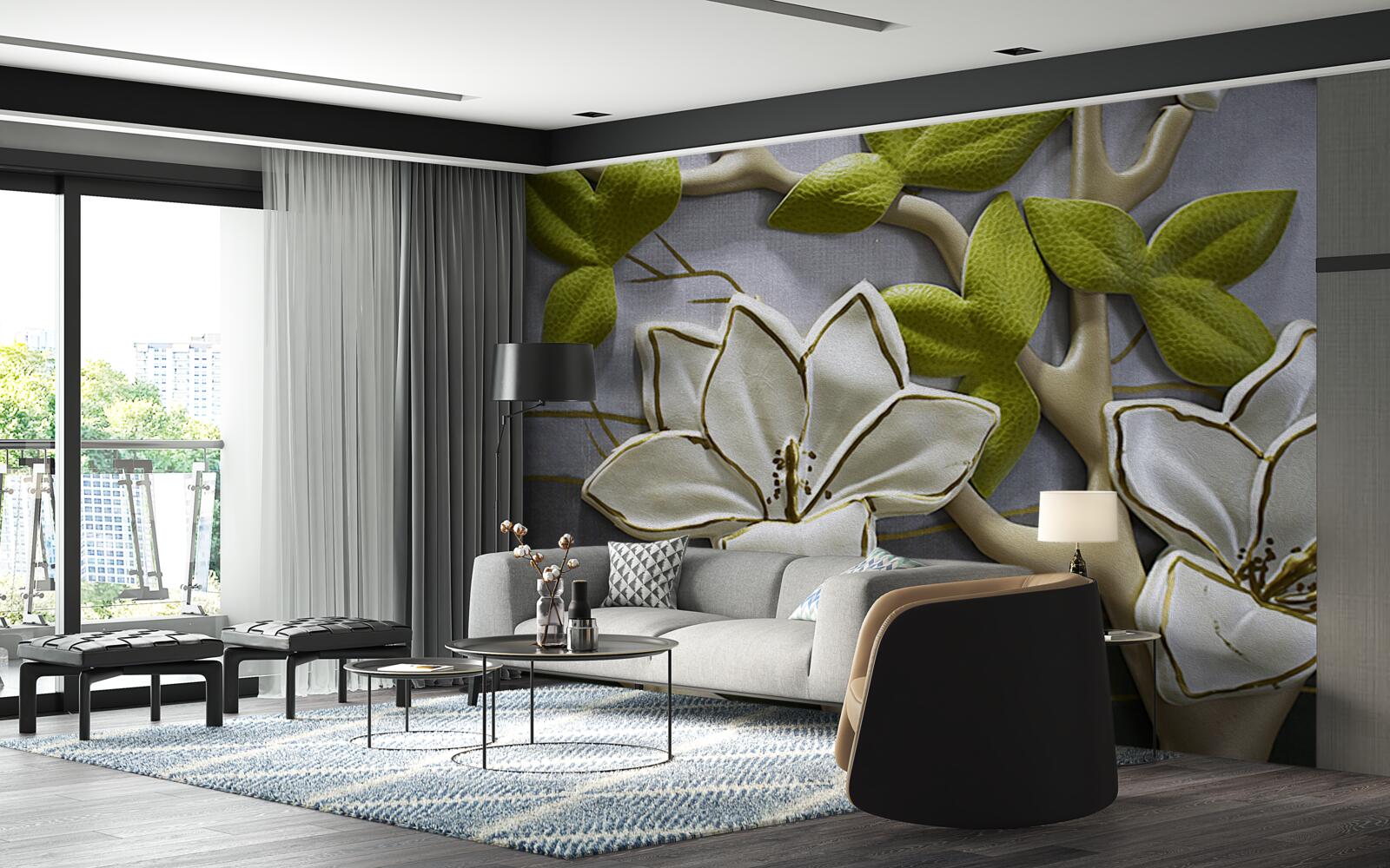 Fototapeta magnolia z porcelanowymi kwiatami na zielonych gałązkach