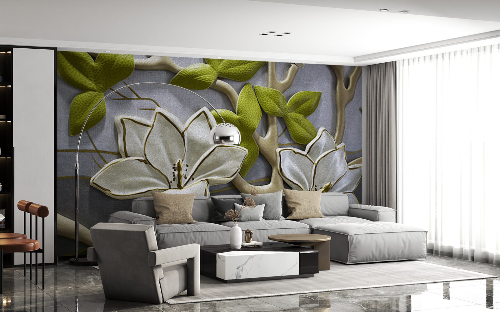 Fototapeta magnolia z porcelanowymi kwiatami na zielonych gałązkach