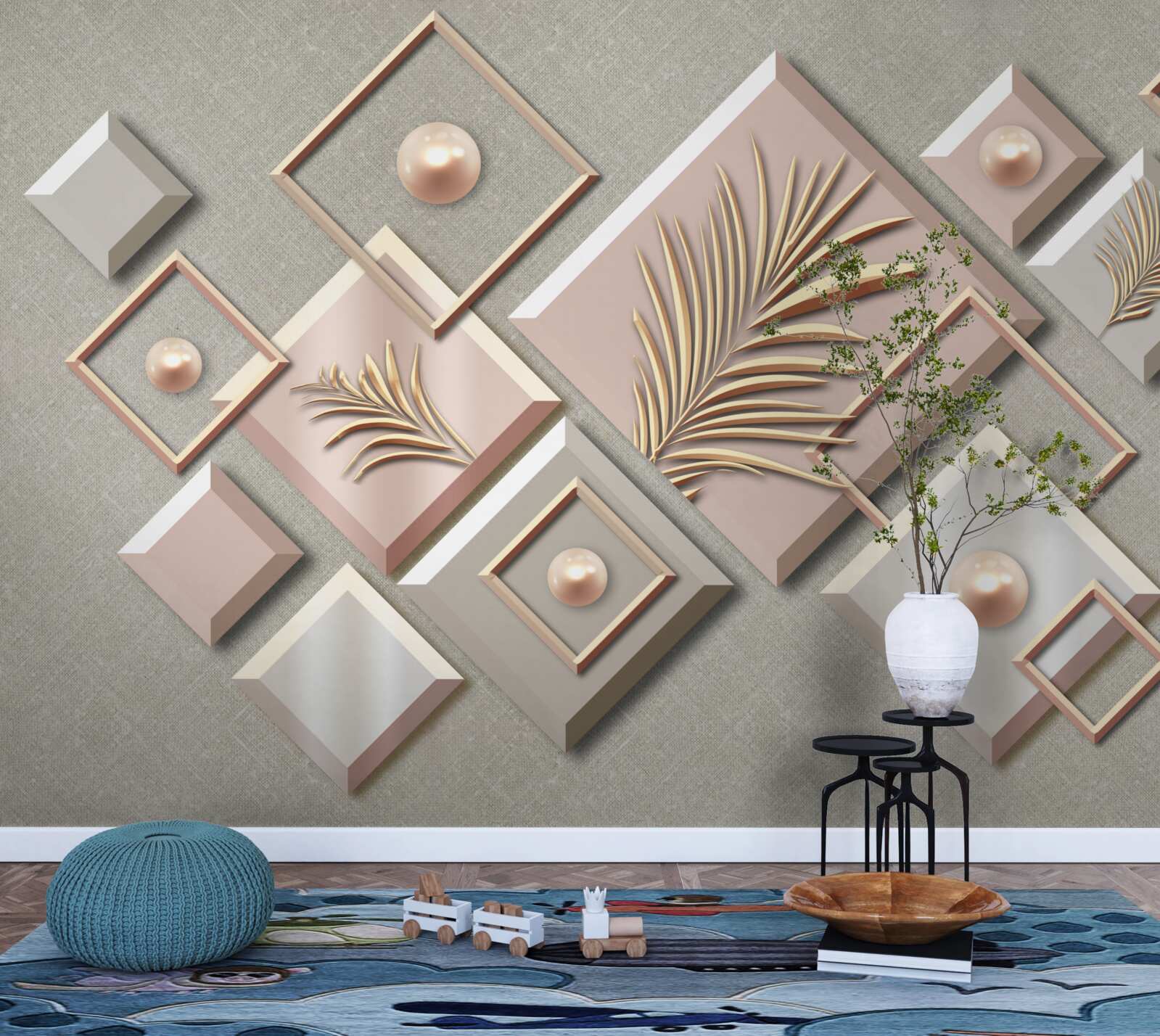 Fototapeta abstrakcja w formie prostokątów z liśćmi