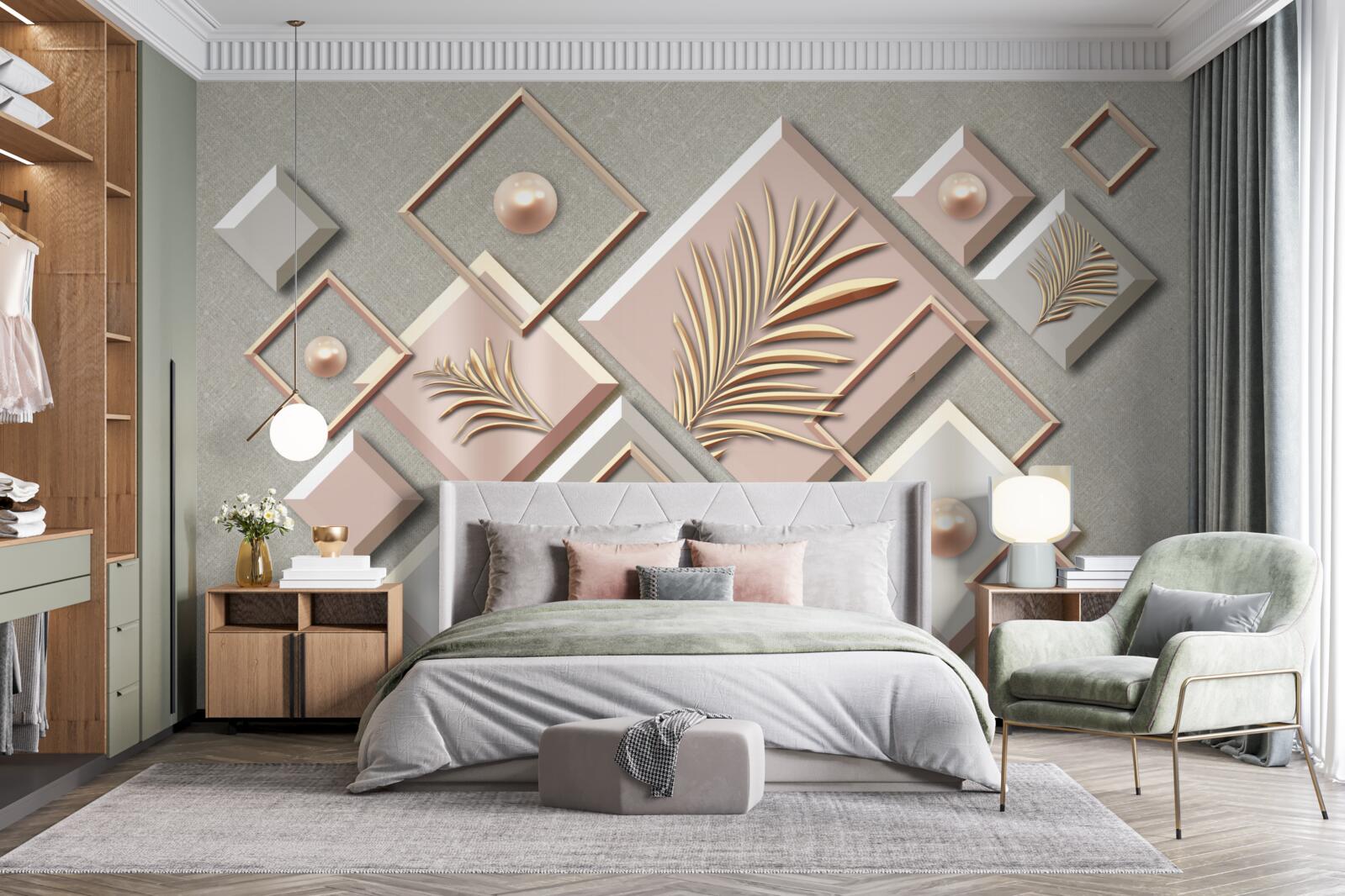 Fototapeta abstrakcja w formie prostokątów z liśćmi