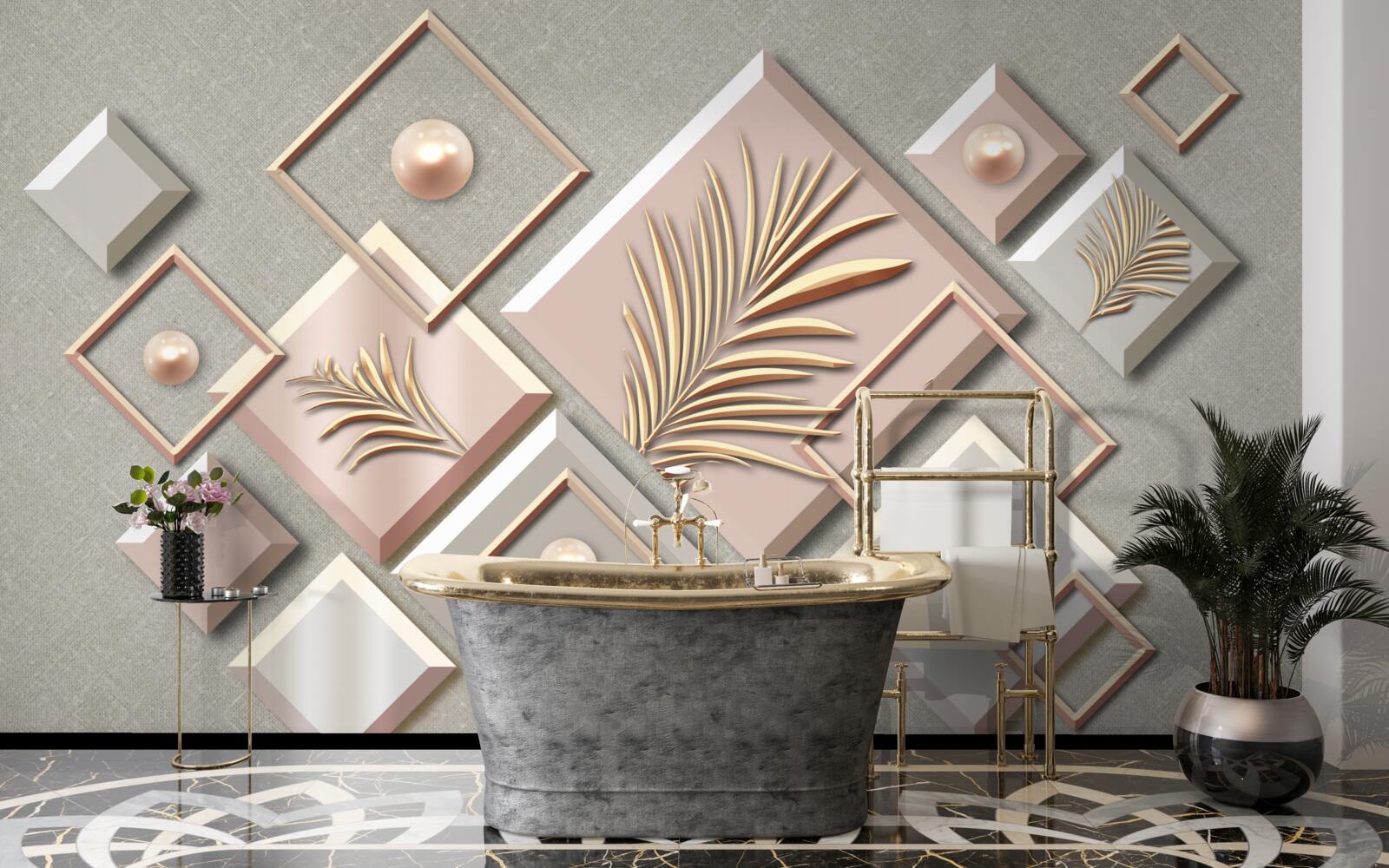 Fototapeta abstrakcja w formie prostokątów z liśćmi