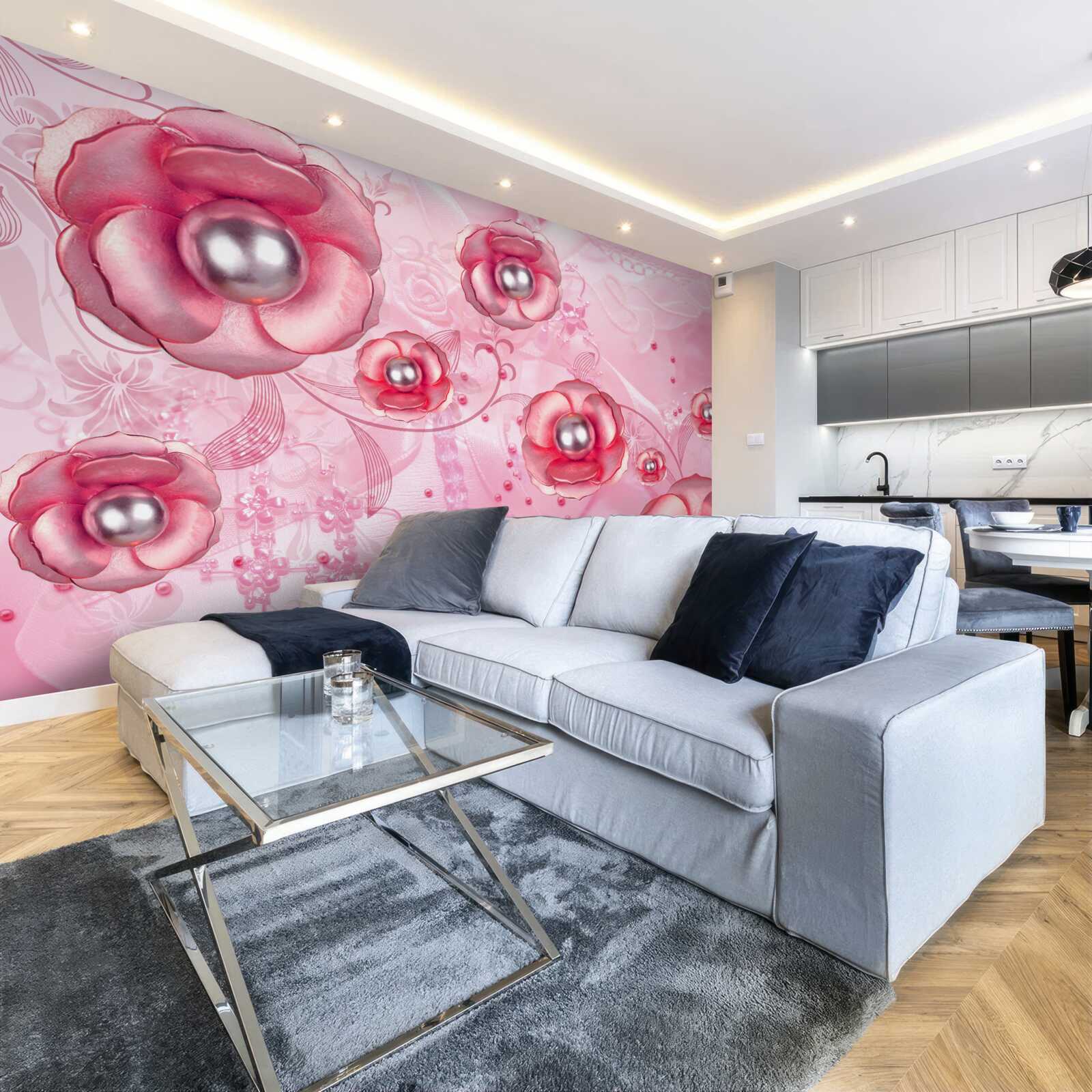 Fototapeta subtelne czerwone pąki z sercem wypełnionym perłami