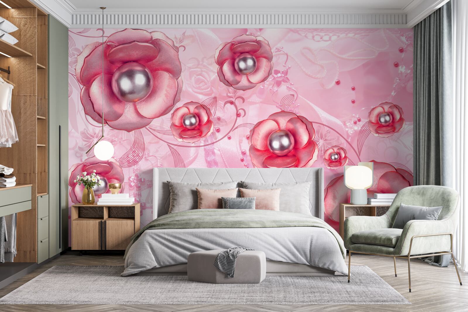 Fototapeta subtelne czerwone pąki z sercem wypełnionym perłami