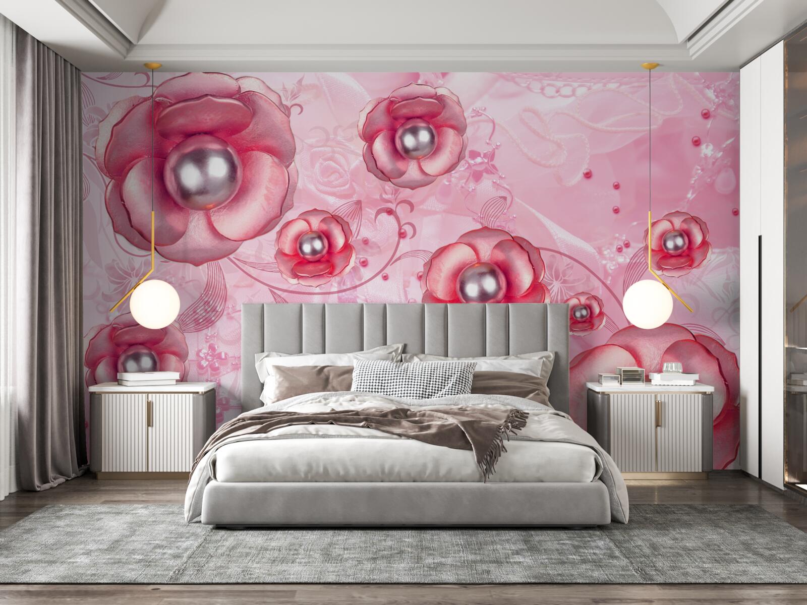 Fototapeta subtelne czerwone pąki z sercem wypełnionym perłami