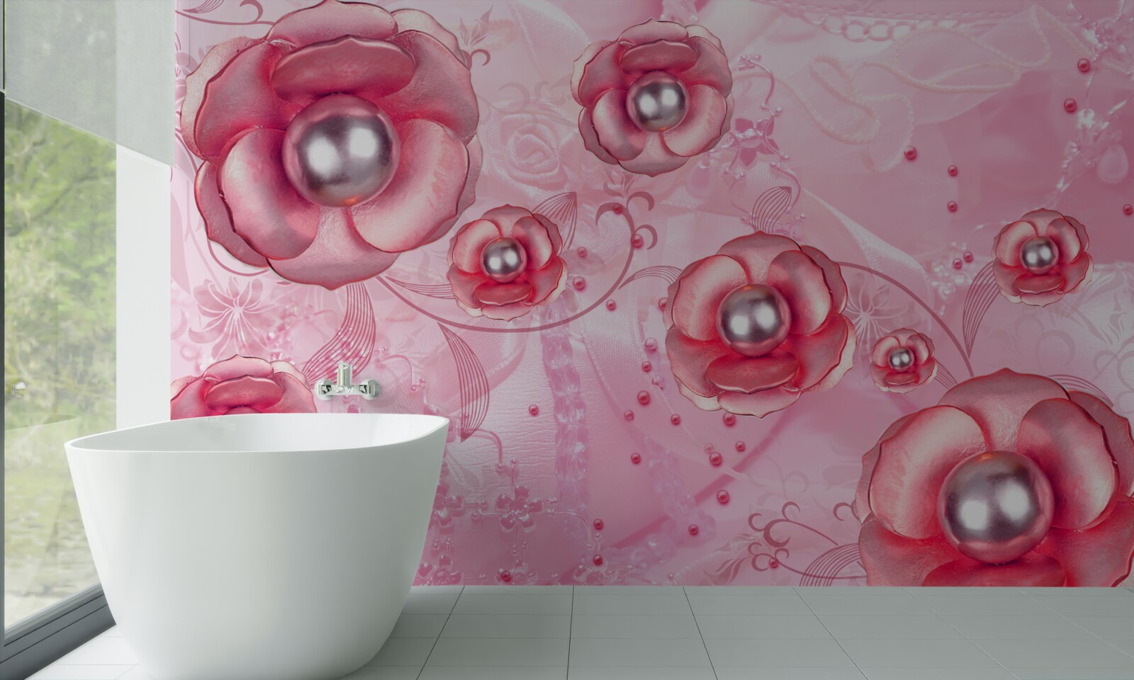 Fototapeta subtelne czerwone pąki z sercem wypełnionym perłami