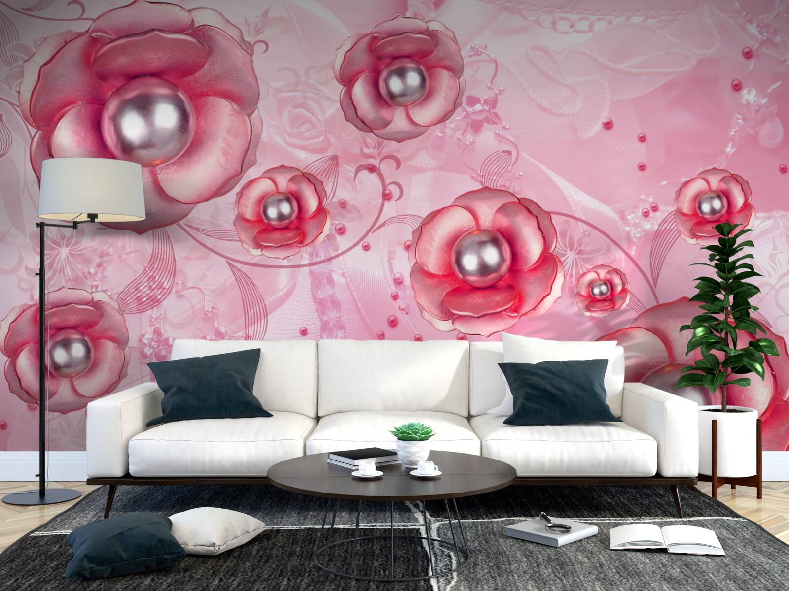 Fototapeta subtelne czerwone pąki z sercem wypełnionym perłami