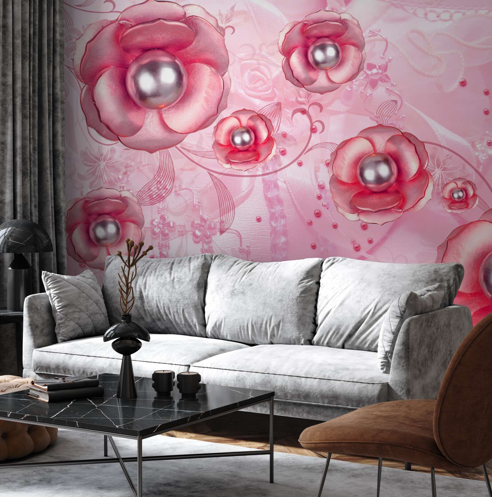 Fototapeta subtelne czerwone pąki z sercem wypełnionym perłami