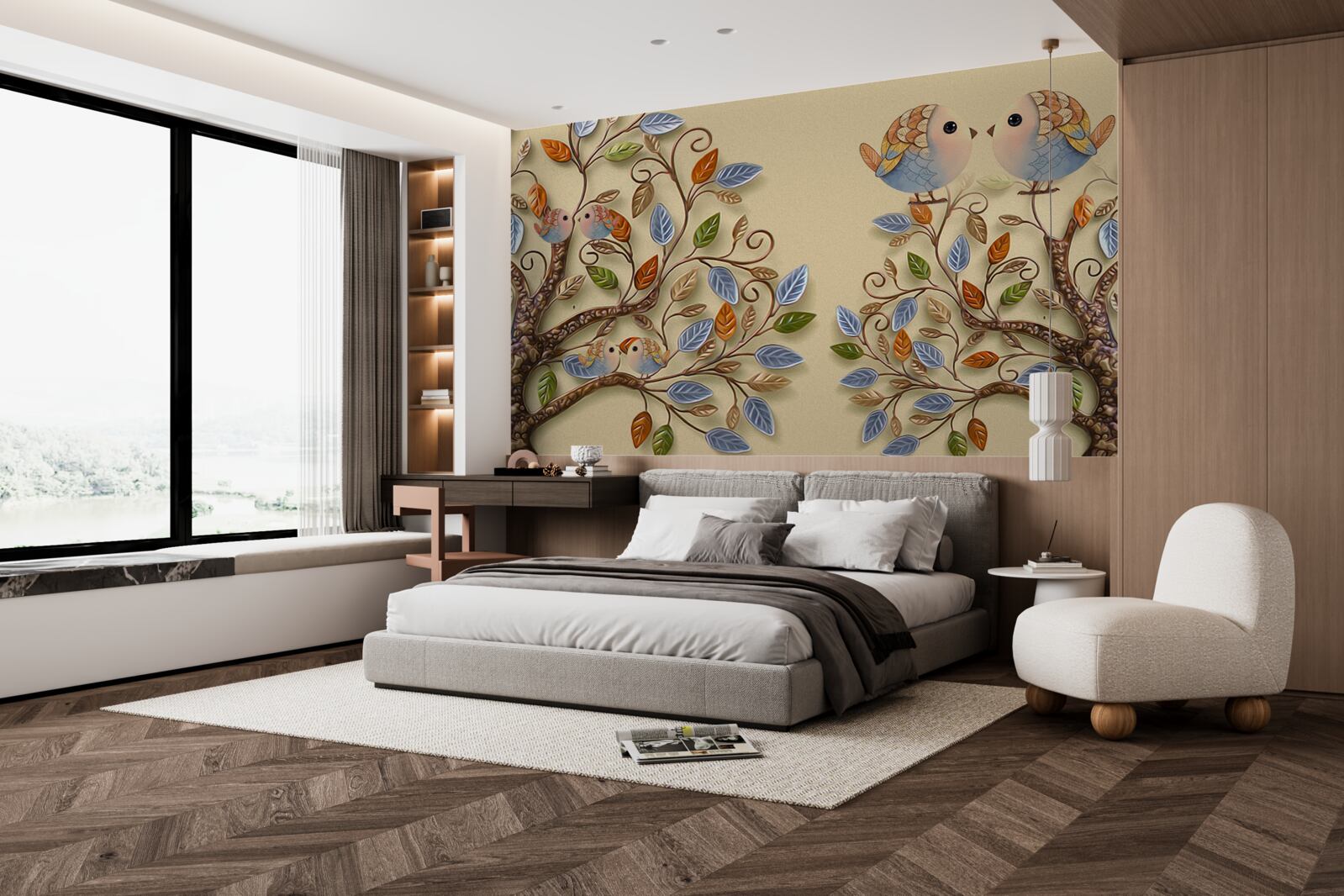 Fototapeta jesienne drzewa z ptakami