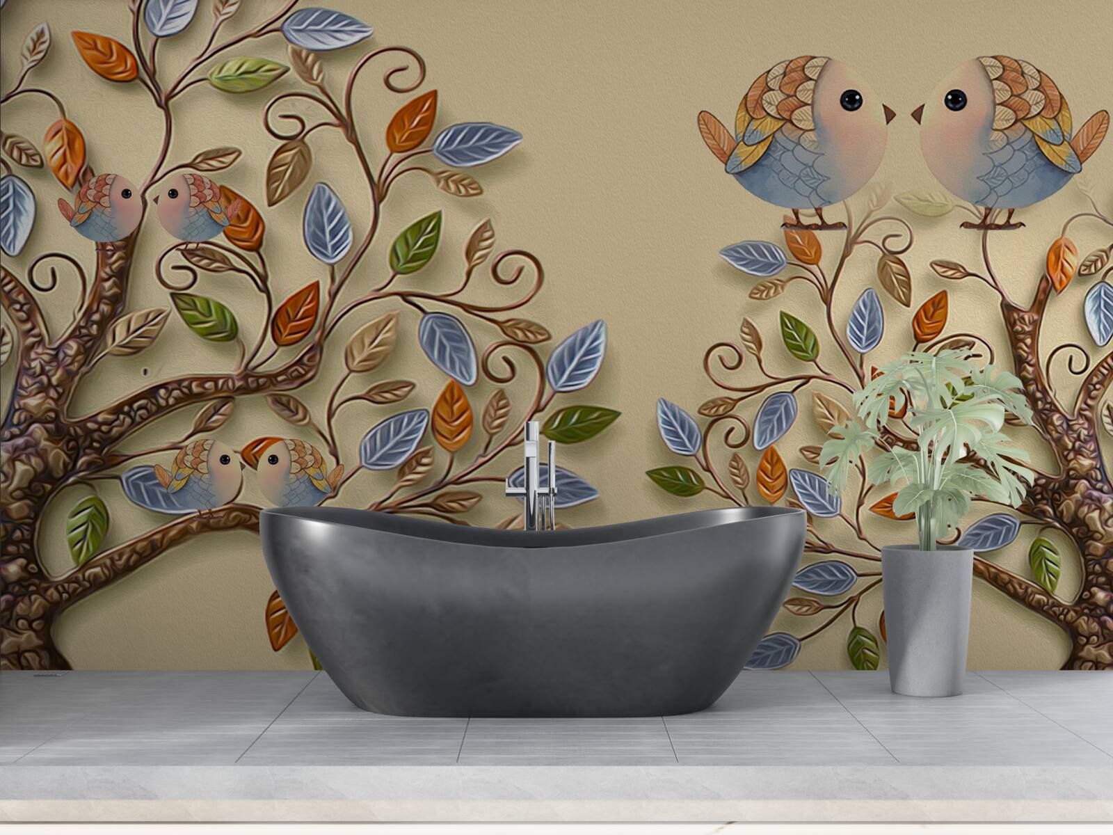 Fototapeta jesienne drzewa z ptakami