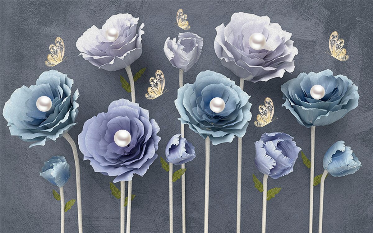 Fototapeta niebieskie i białe pełne wdzięku maki wraz z motylami