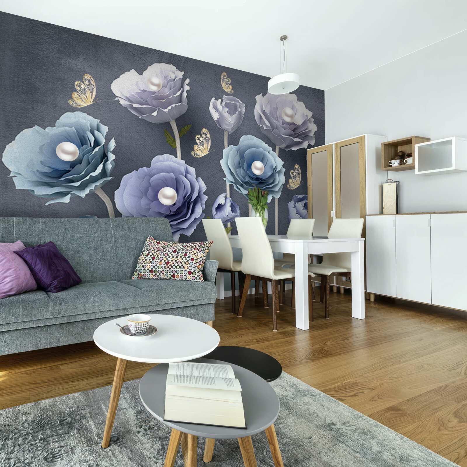 Fototapeta niebieskie i białe pełne wdzięku maki wraz z motylami