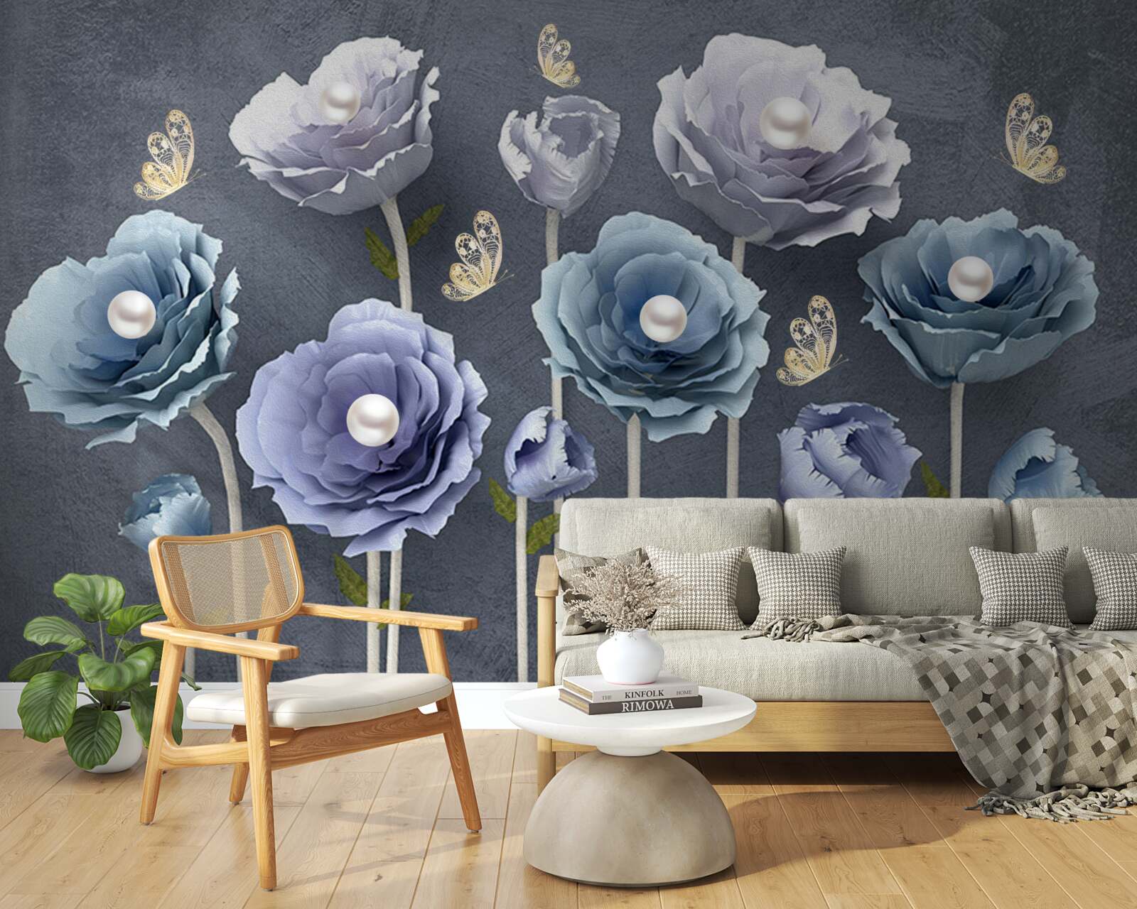 Fototapeta niebieskie i białe pełne wdzięku maki wraz z motylami