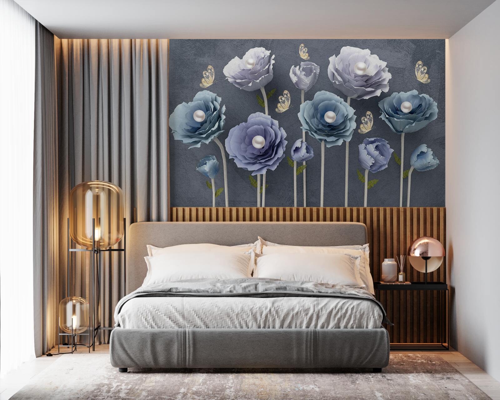 Fototapeta niebieskie i białe pełne wdzięku maki wraz z motylami