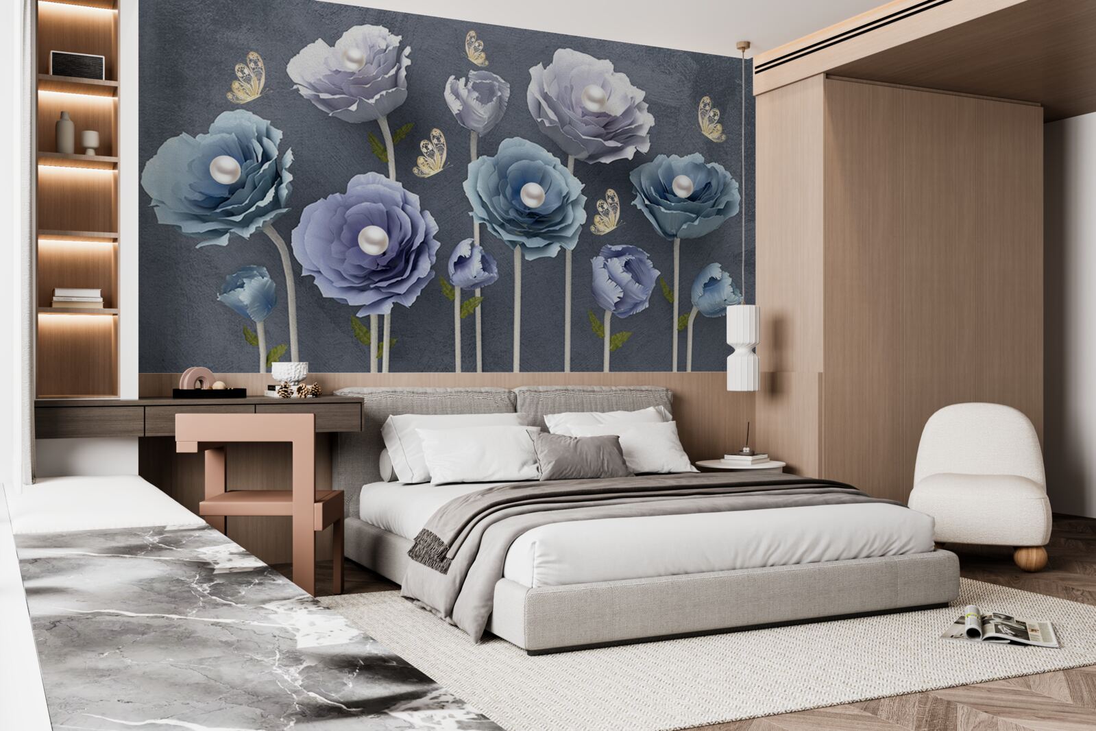 Fototapeta niebieskie i białe pełne wdzięku maki wraz z motylami