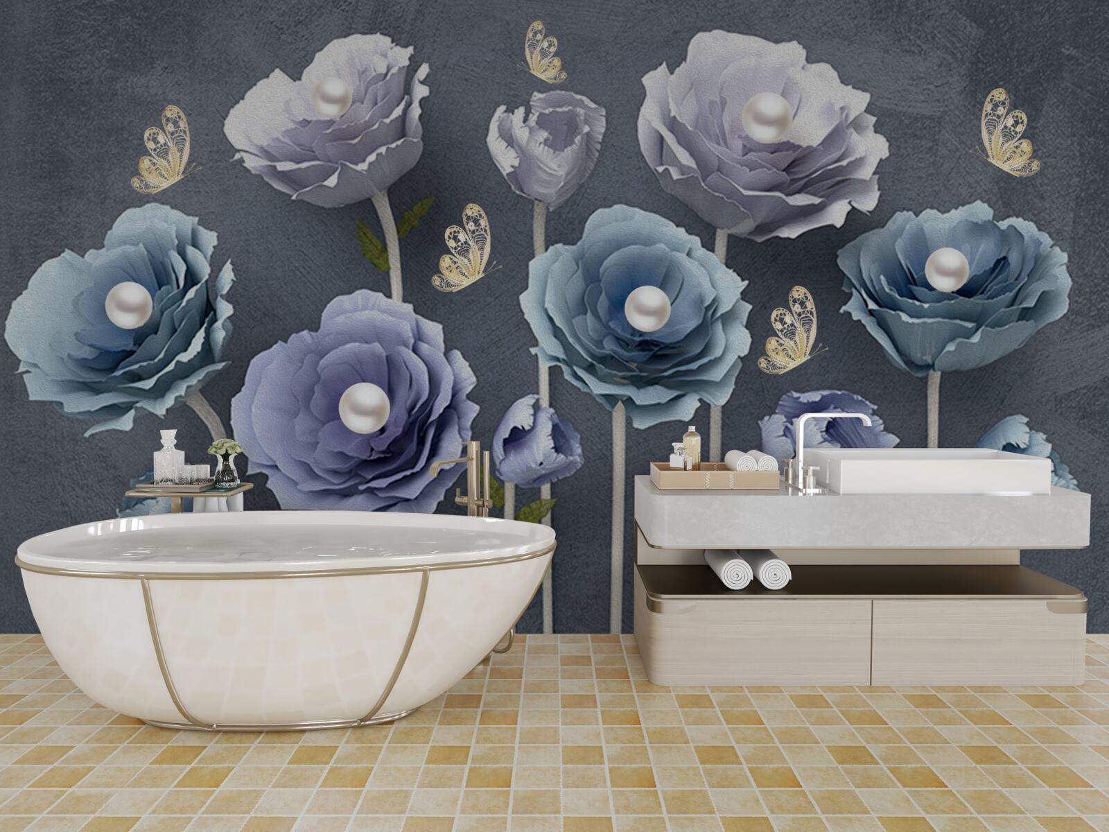 Fototapeta niebieskie i białe pełne wdzięku maki wraz z motylami