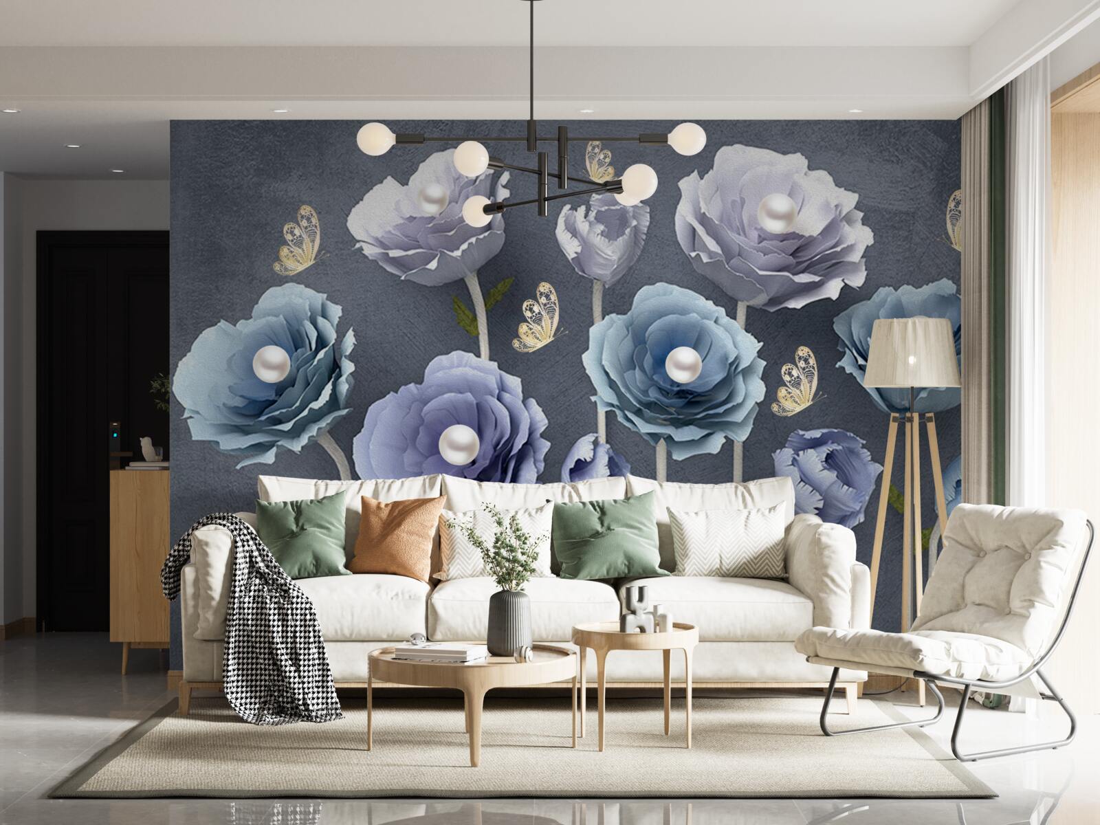 Fototapeta niebieskie i białe pełne wdzięku maki wraz z motylami