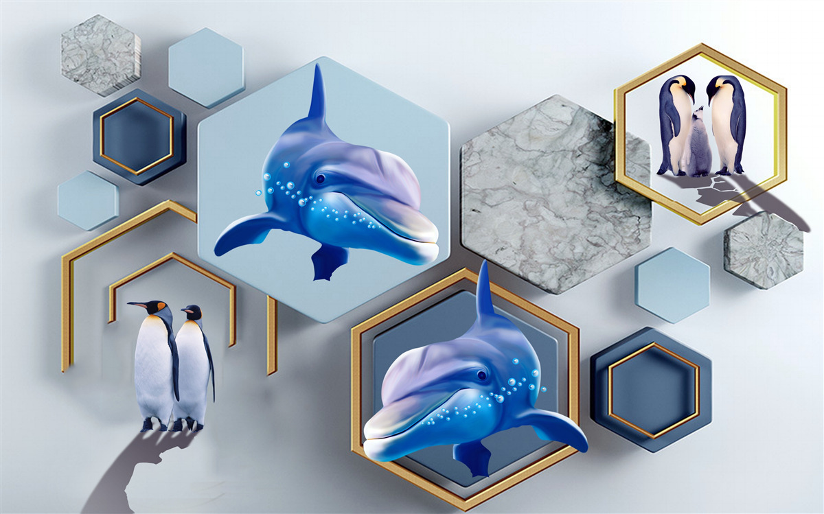 Fototapeta w pięciokątach oprawionych w złote ramy znajdują się wieloryby