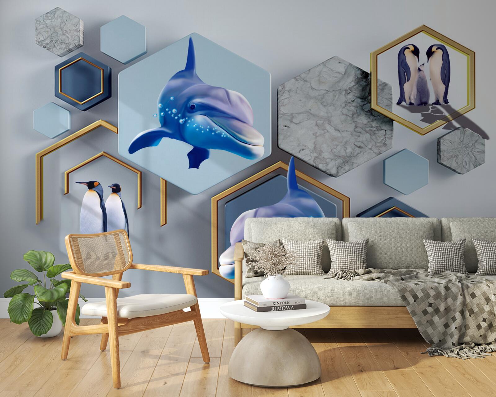 Fototapeta w pięciokątach oprawionych w złote ramy znajdują się wieloryby