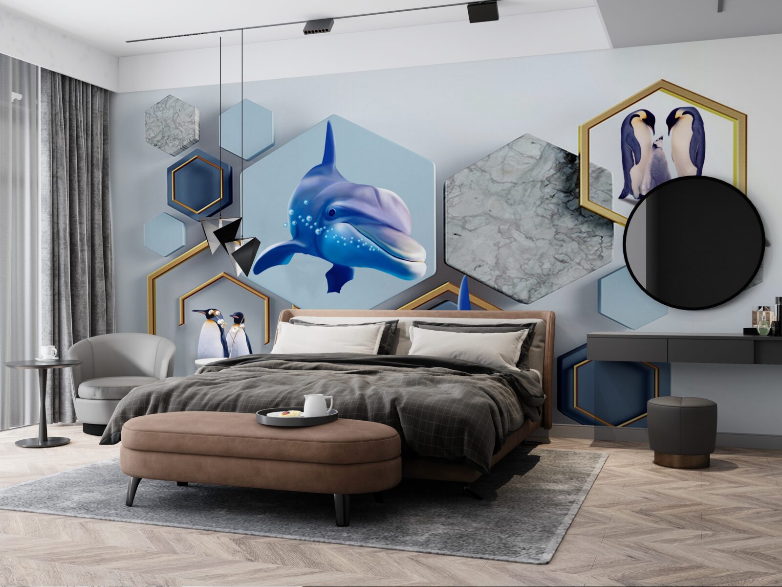 Fototapeta w pięciokątach oprawionych w złote ramy znajdują się wieloryby