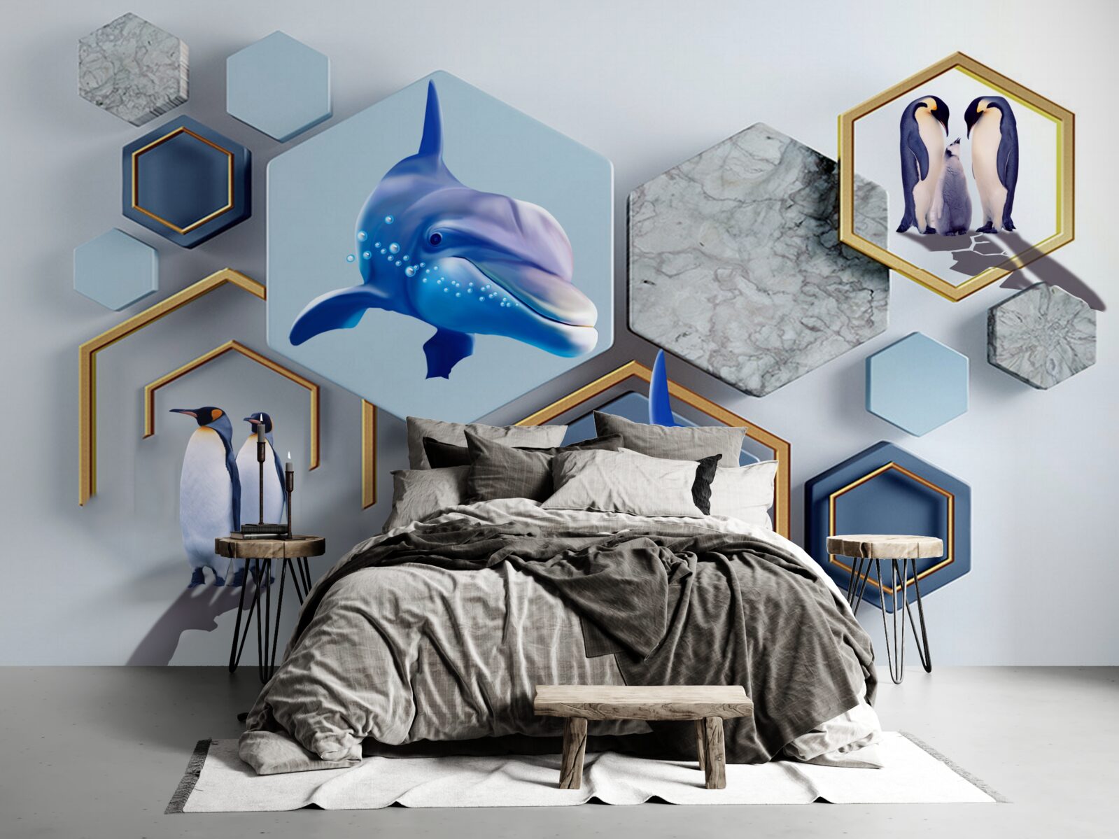 Fototapeta w pięciokątach oprawionych w złote ramy znajdują się wieloryby