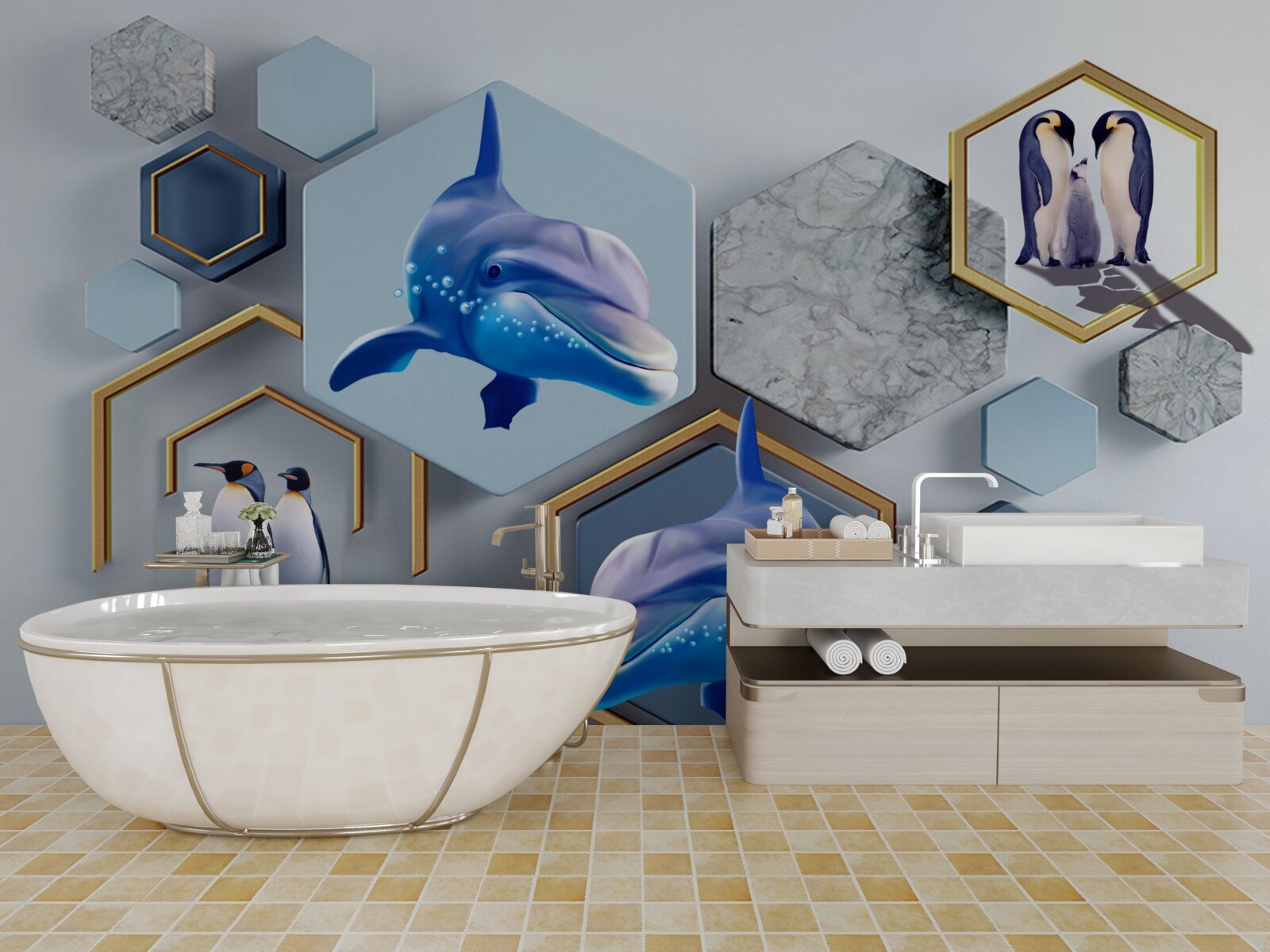 Fototapeta w pięciokątach oprawionych w złote ramy znajdują się wieloryby