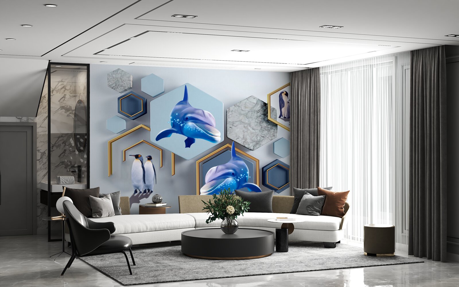 Fototapeta w pięciokątach oprawionych w złote ramy znajdują się wieloryby