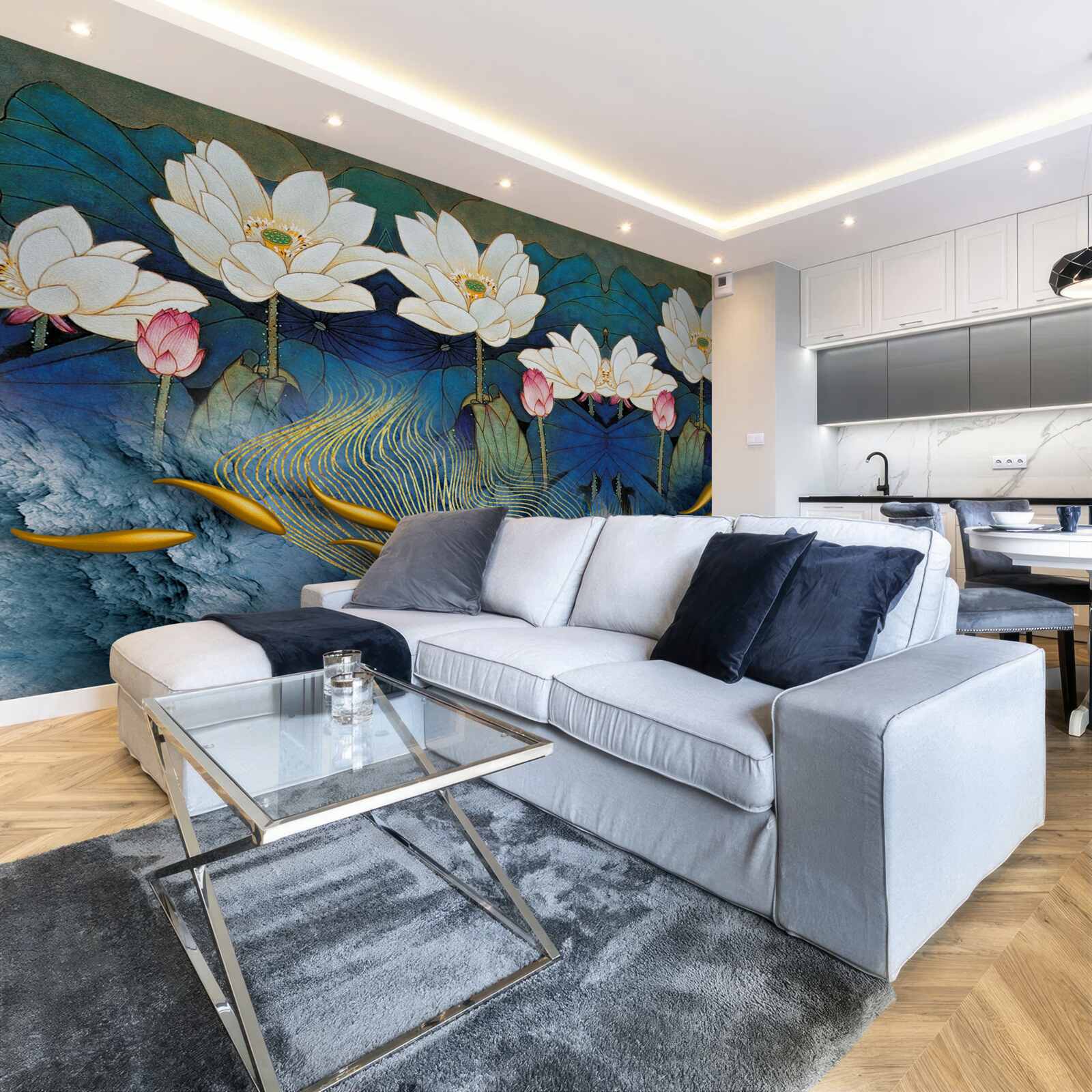 Fototapeta błękitna woda ozdobiona białymi lotosami