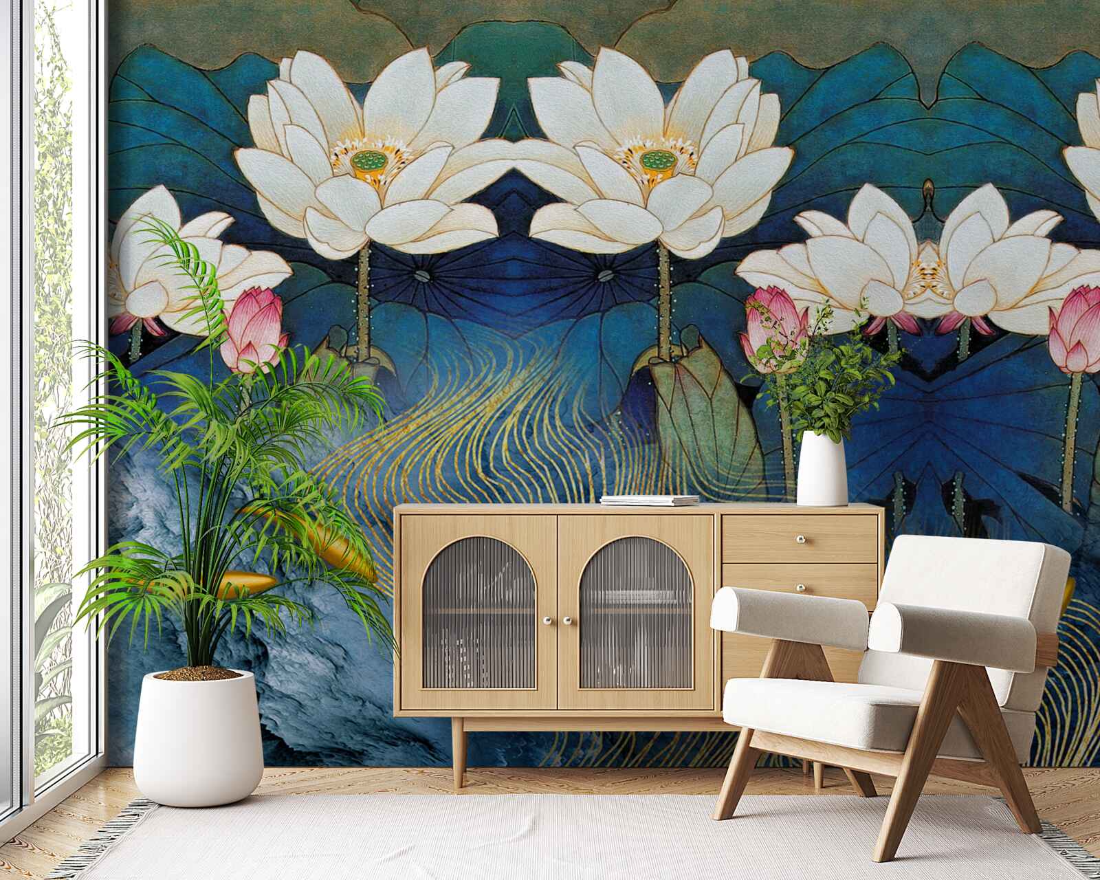 Fototapeta błękitna woda ozdobiona białymi lotosami