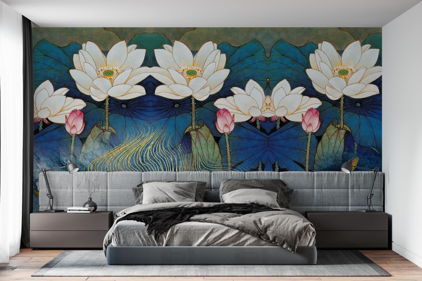 Fototapeta błękitna woda ozdobiona białymi lotosami