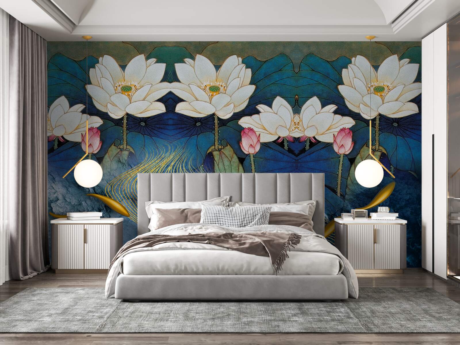 Fototapeta błękitna woda ozdobiona białymi lotosami