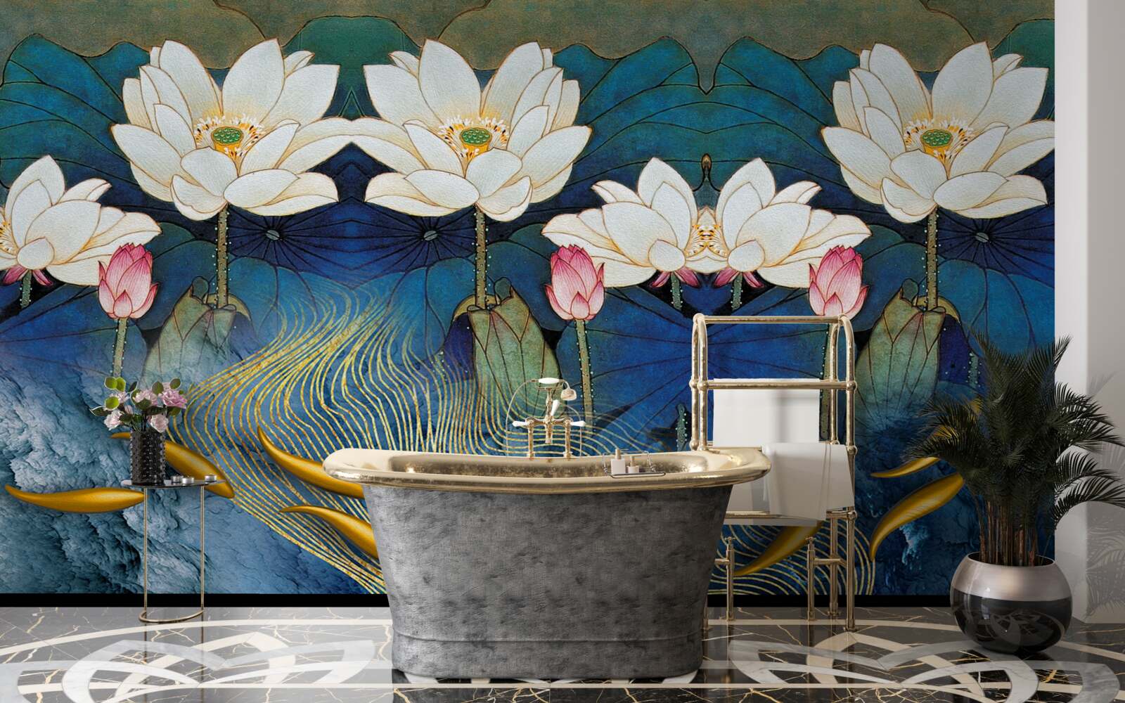 Fototapeta błękitna woda ozdobiona białymi lotosami