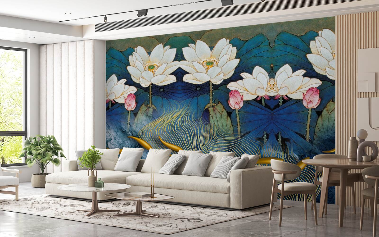 Fototapeta błękitna woda ozdobiona białymi lotosami