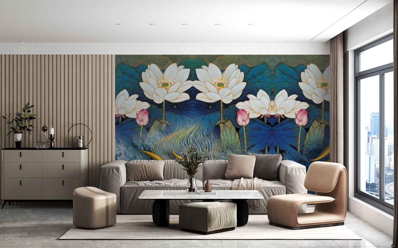 Fototapeta błękitna woda ozdobiona białymi lotosami