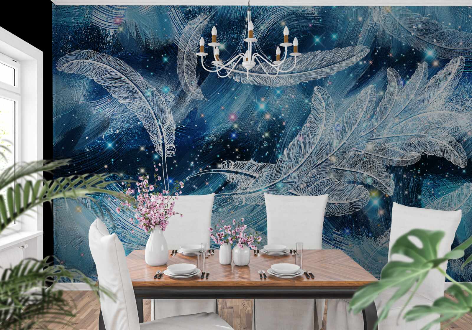 Fototapeta silny wiatr unosi białe pióra