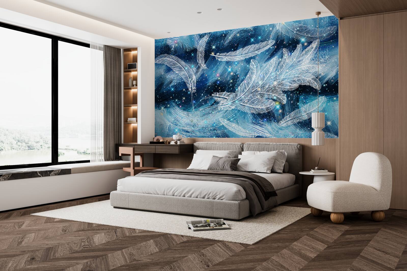 Fototapeta silny wiatr unosi białe pióra