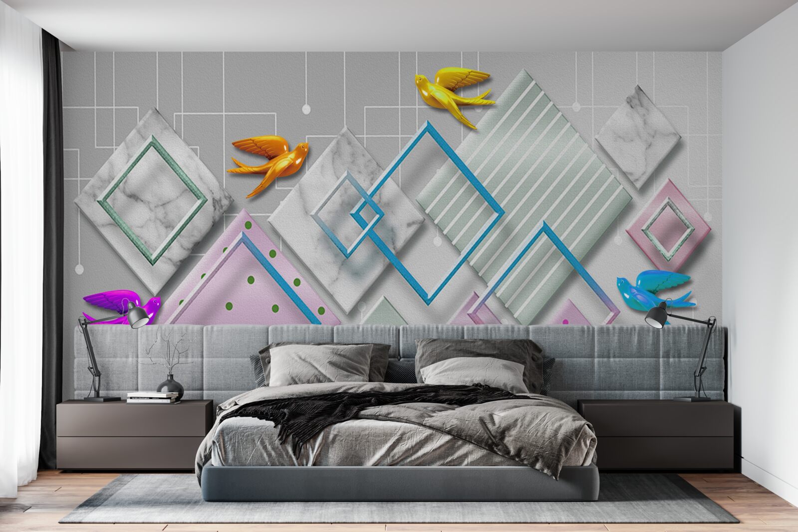 Fototapeta wielobarwna abstrakcja ptaków i postaci