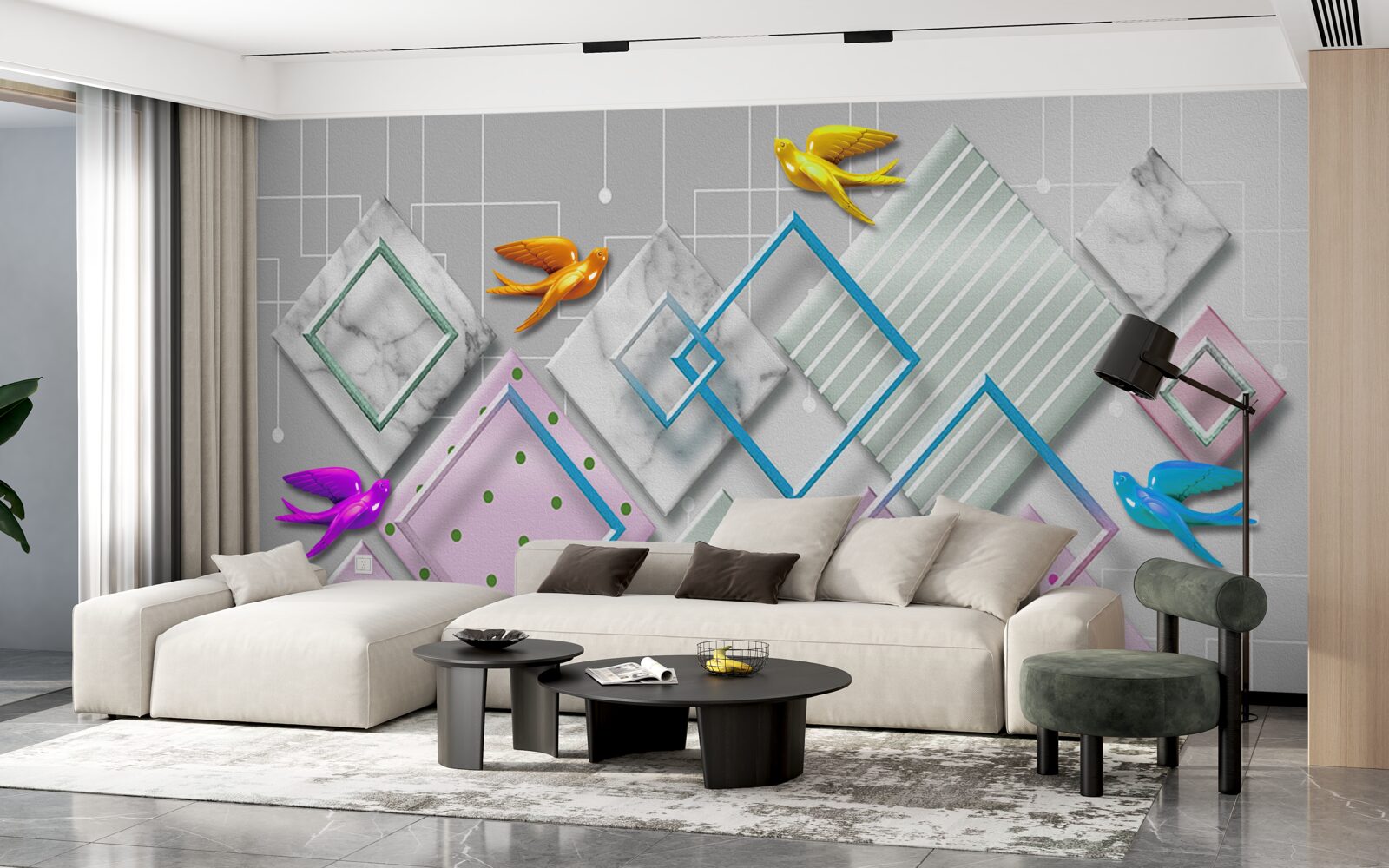 Fototapeta wielobarwna abstrakcja ptaków i postaci