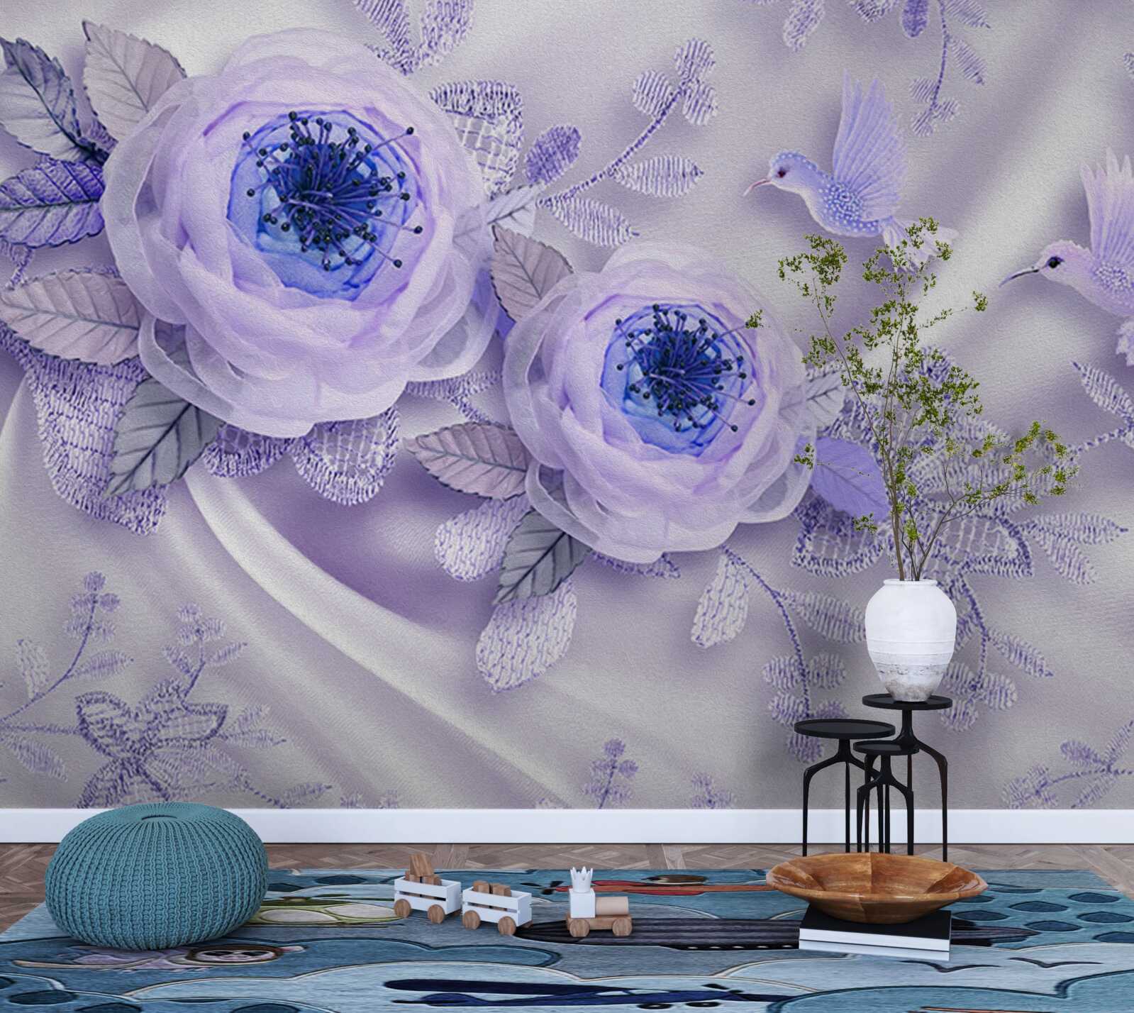 Fototapeta diamenty zdobią białą różę na jedwabnej tkaninie