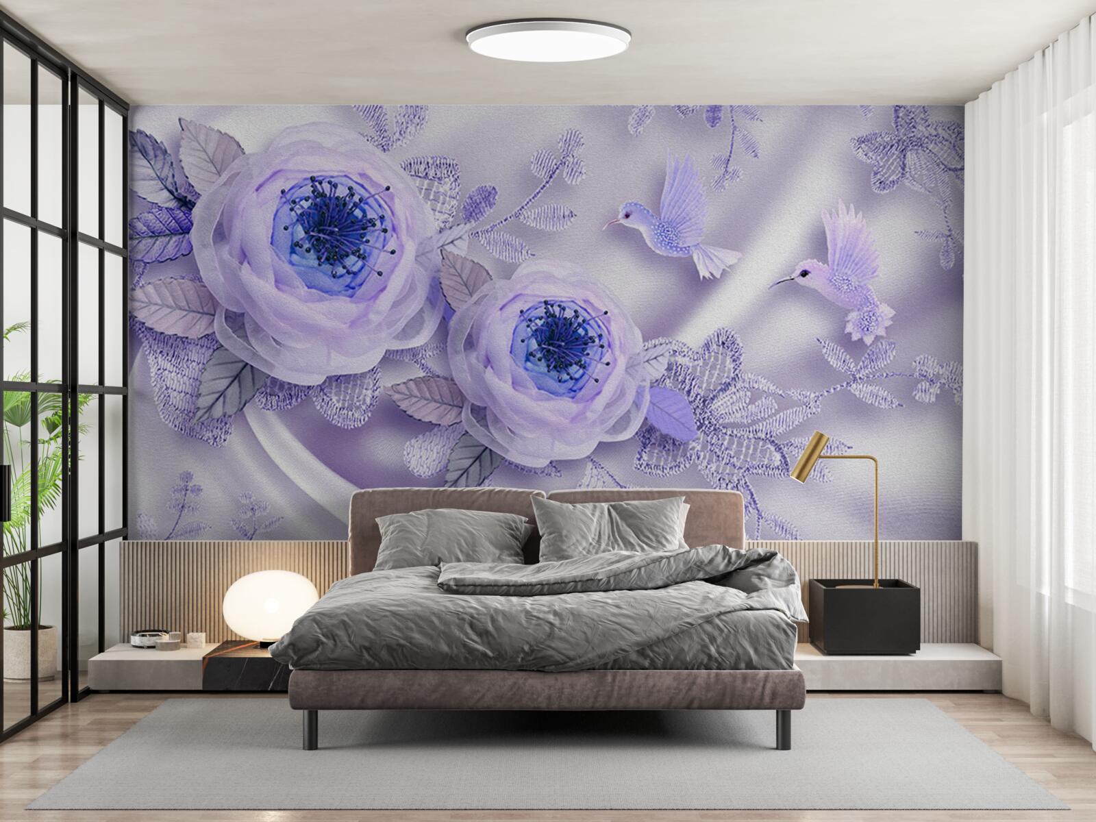 Fototapeta diamenty zdobią białą różę na jedwabnej tkaninie