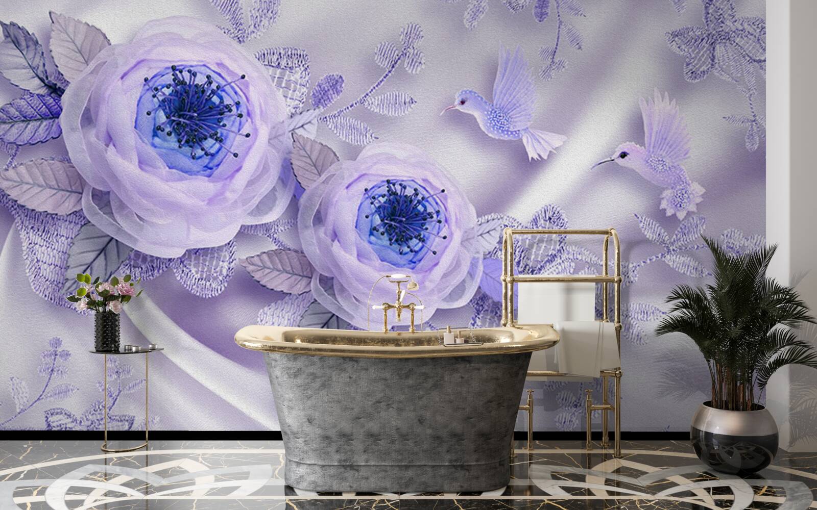 Fototapeta diamenty zdobią białą różę na jedwabnej tkaninie