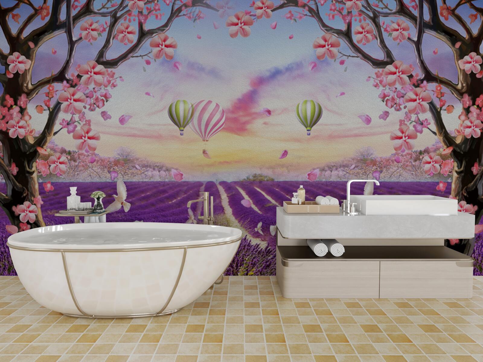 Fototapeta balony unoszące się nad polami lawendy