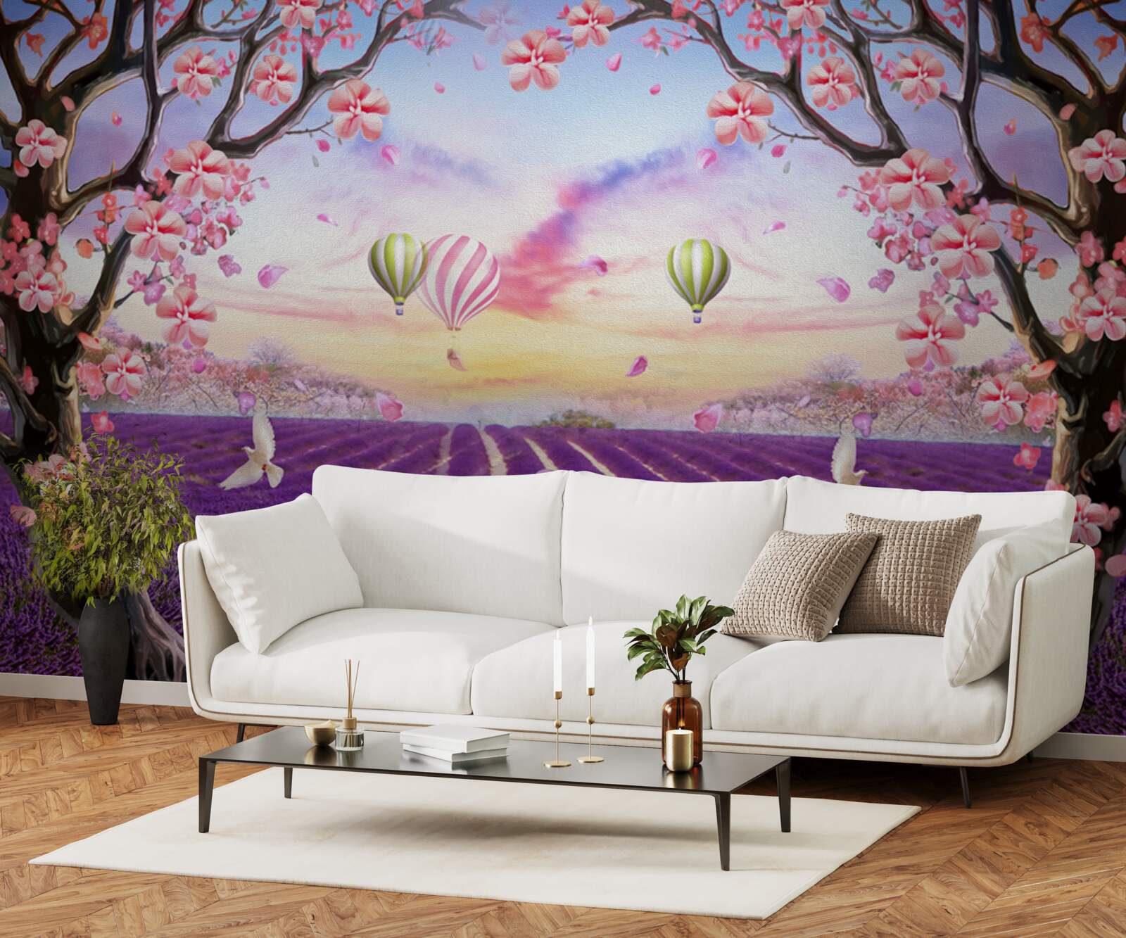 Fototapeta balony unoszące się nad polami lawendy