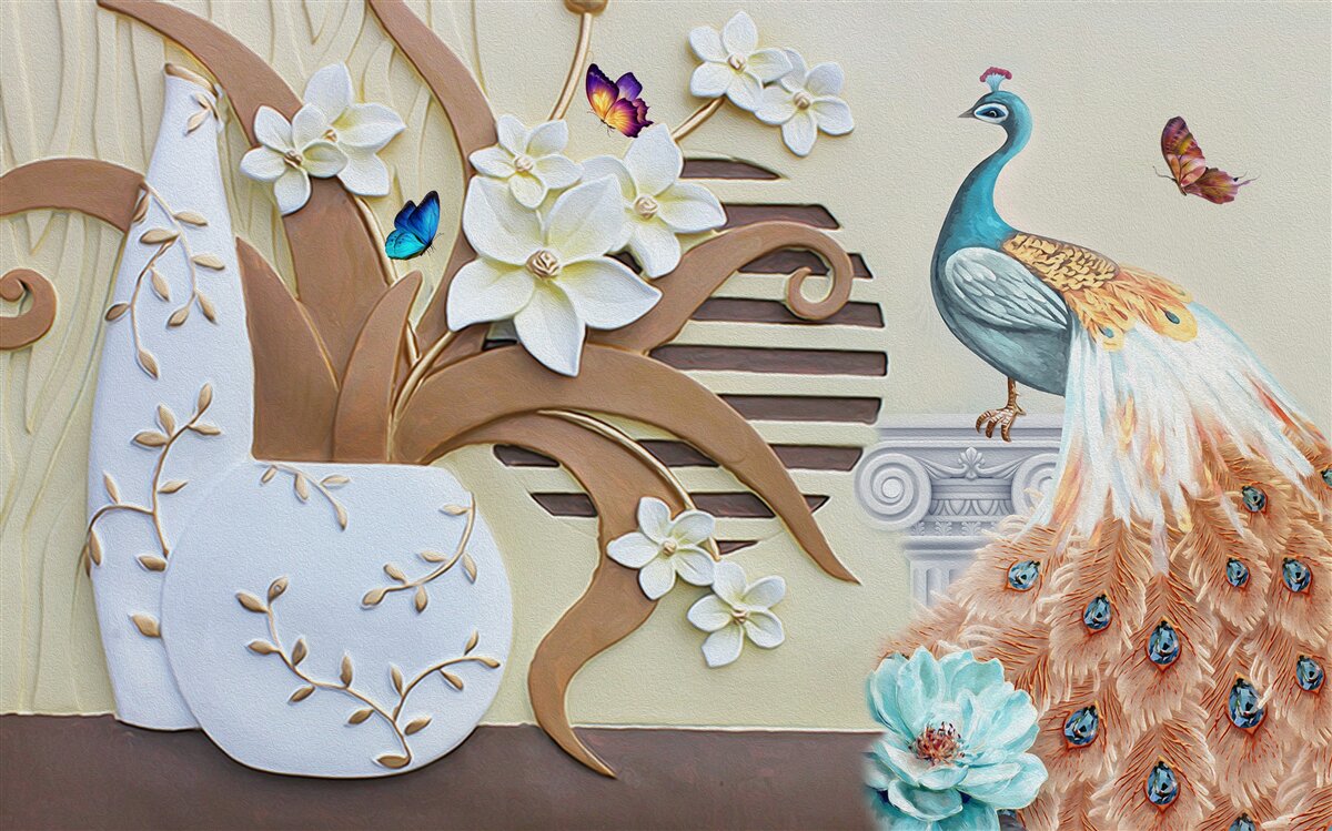 Fototapeta kwiatowy luksus i paw ze wspaniałym ogonem