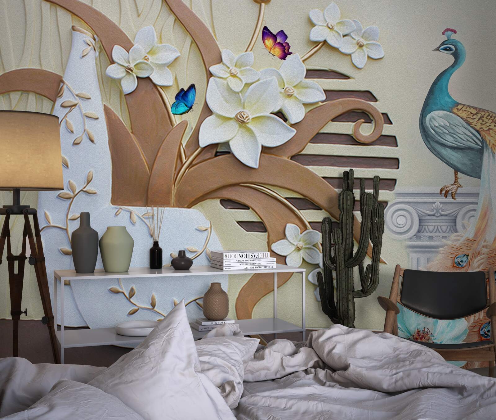 Fototapeta kwiatowy luksus i paw ze wspaniałym ogonem